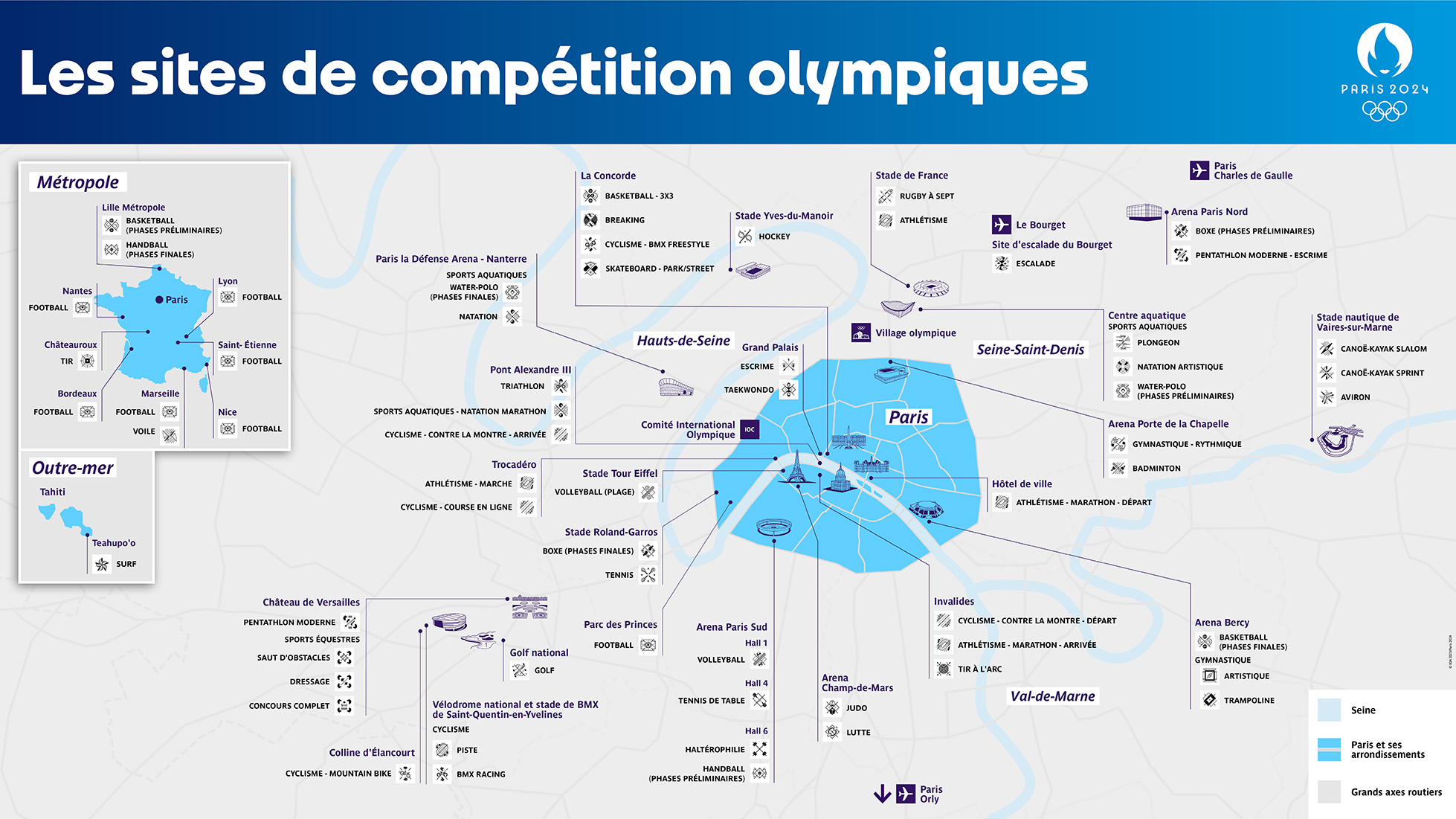 Carte listant les sites de compétition olympiques à Paris, en Métropole et en Outre-mer