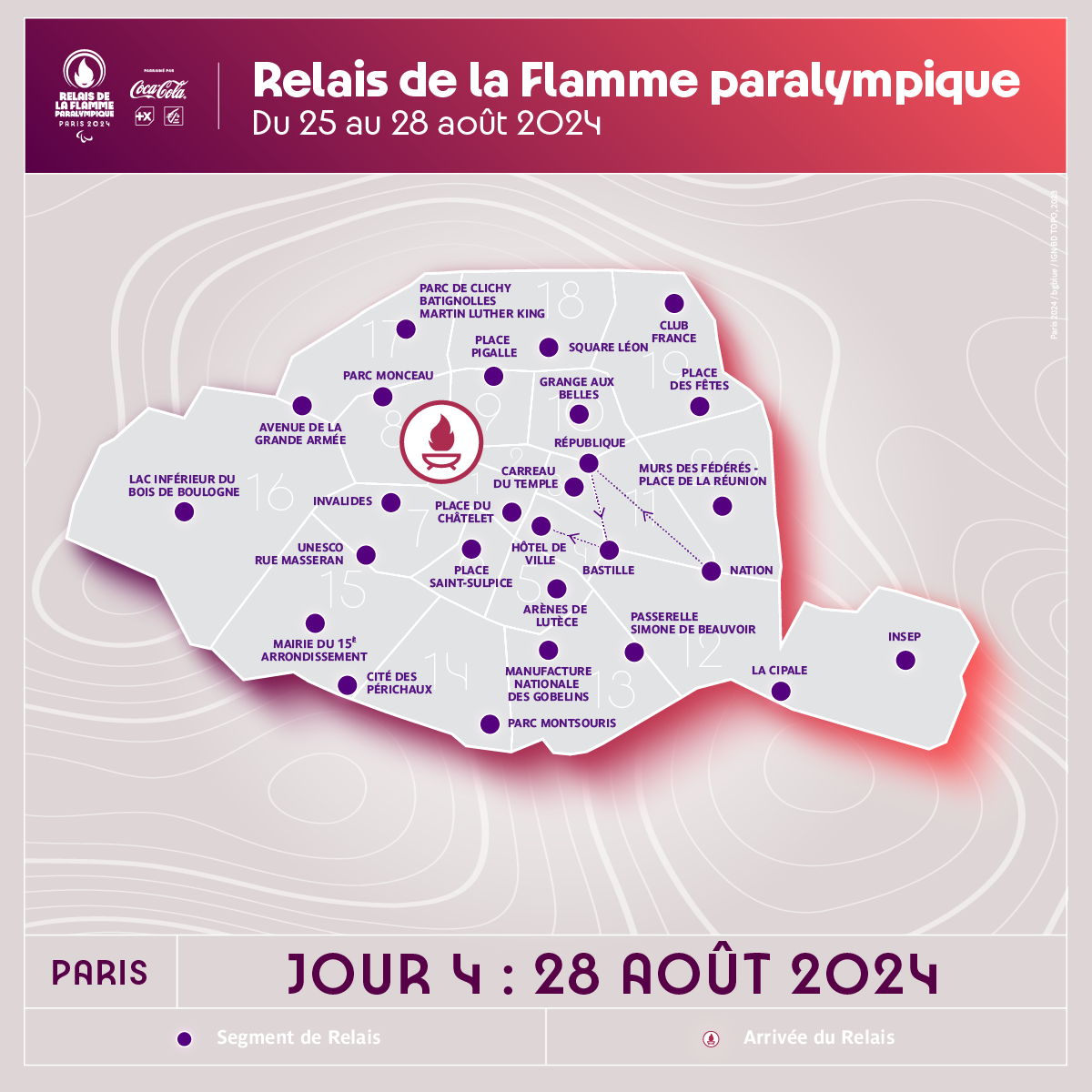 Carte relais de la Flamme Paralympique du 25 au 28 août 2024 - Paris