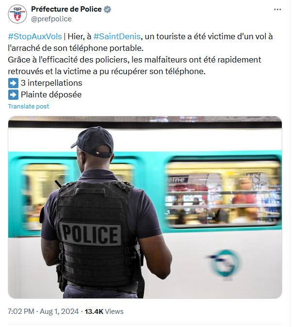 Post de la Préfecture de Police sur X - ouvre une nouvelle fenêtre