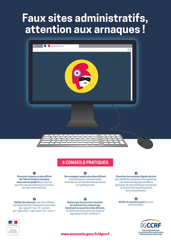 Affiche Faux sites administratifs, attention aux arnaques
